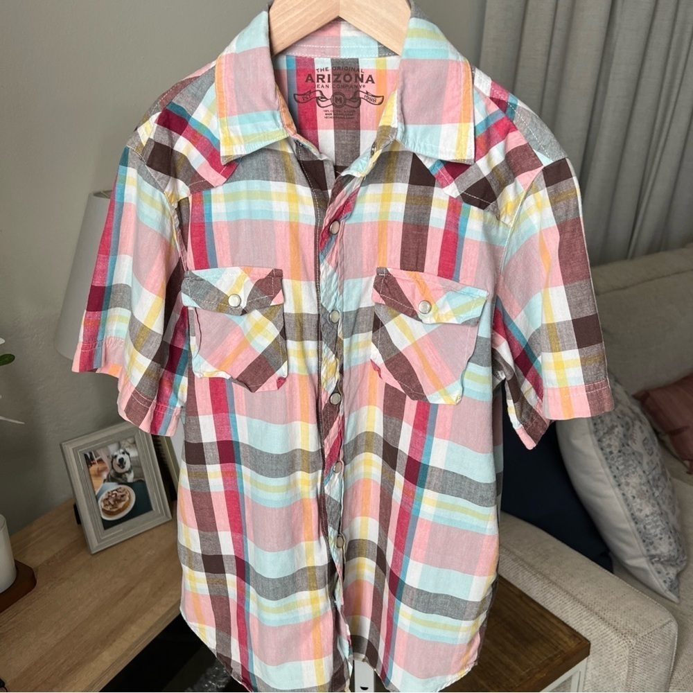 Arizona Boy’s S/S Snap Close Pink/yellow/red/teal Plaid Shirt Size M (10/12)